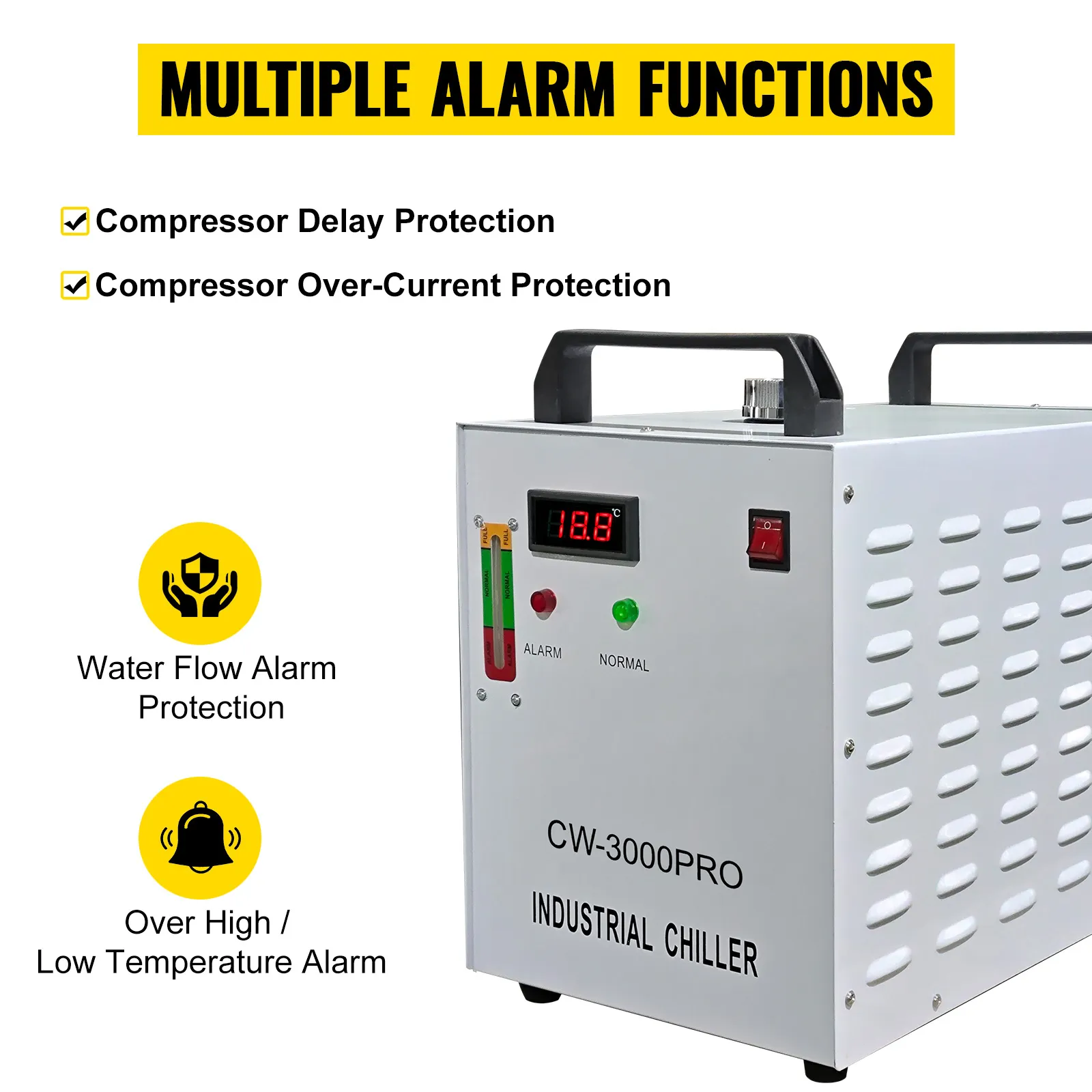 Enfriador de agua industrial VEVOR con múltiples funciones de alarma y modelo cw-3000pro.