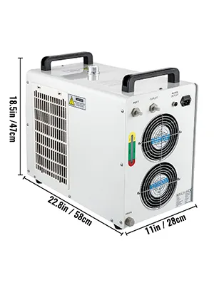 Enfriador industrial compacto VEVOR con asas y ventiladores dobles, dimensiones etiquetadas.