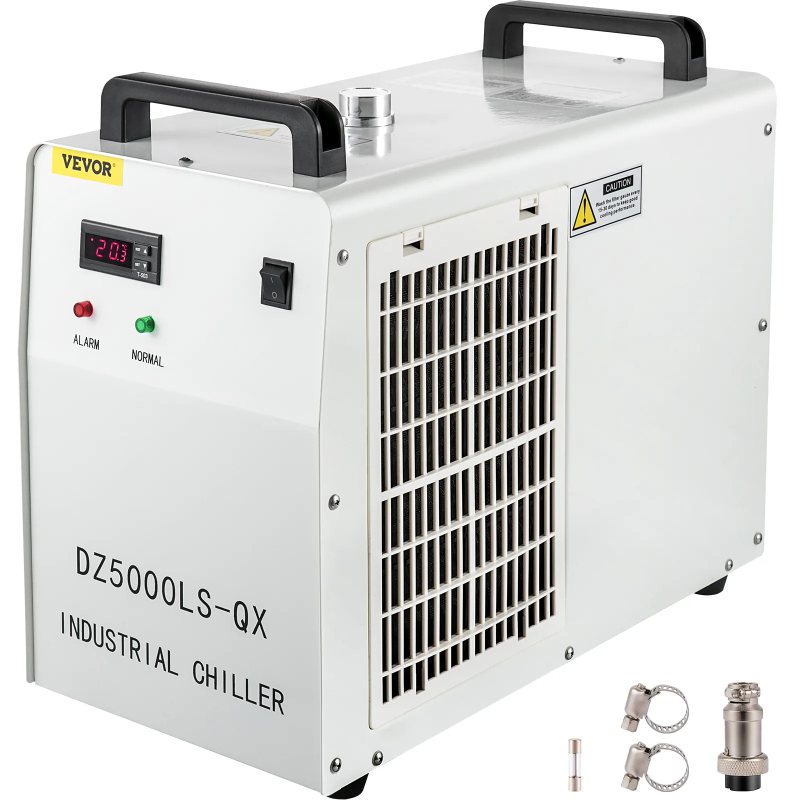 Enfriador industrial VEVOR dz5000ls-qx con pantalla digital y accesorios.