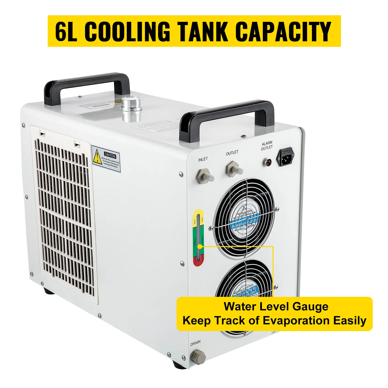 Enfriador industrial VEVOR con capacidad de tanque de enfriamiento de 6l y indicador de nivel de agua.