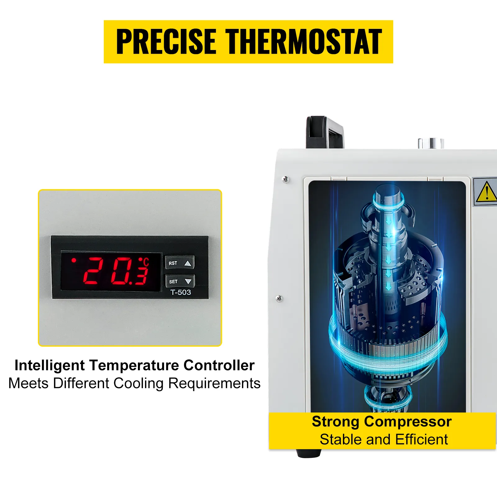 Enfriador industrial VEVOR con termostato preciso y compresor potente para un enfriamiento eficiente.