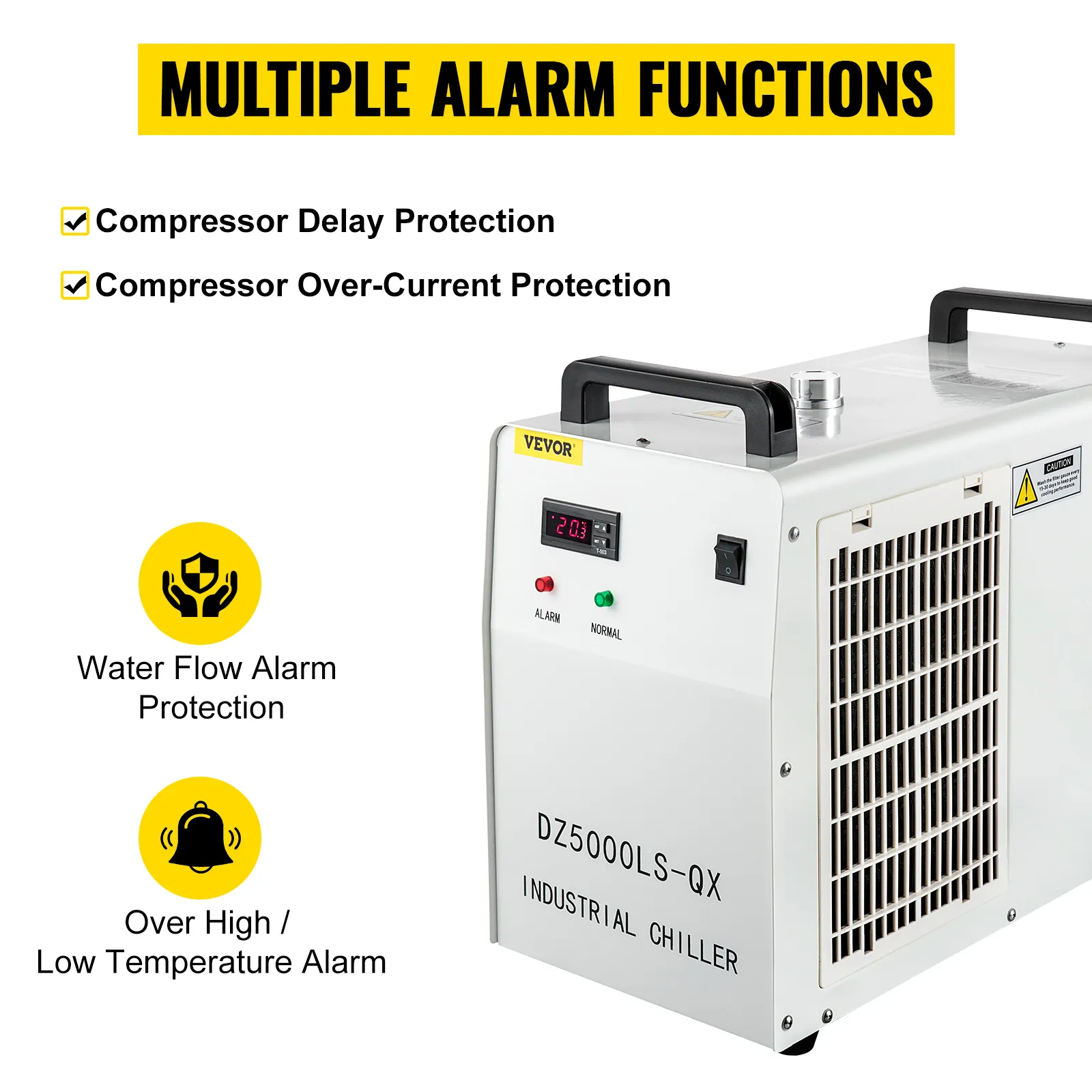 Enfriador industrial VEVOR con múltiples funciones de alarma y alertas de temperatura alta/baja.