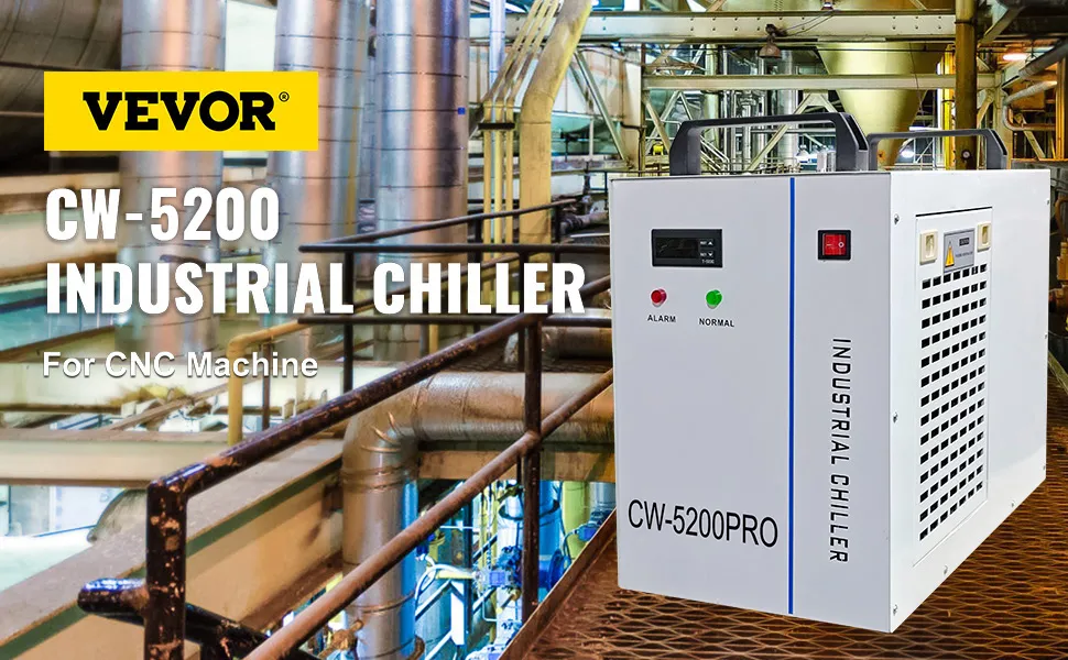 Enfriador de agua industrial VEVOR cw-5200 en una configuración de fábrica para máquina cnc.