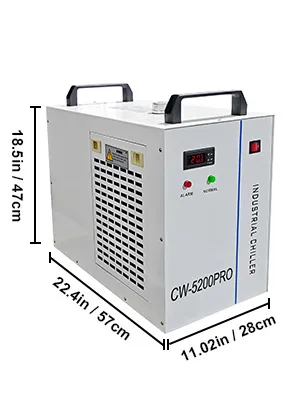 Enfriador de agua industrial VEVOR cw-5200pro con dimensiones 18,5 x 22,4 x 11,02 pulgadas.