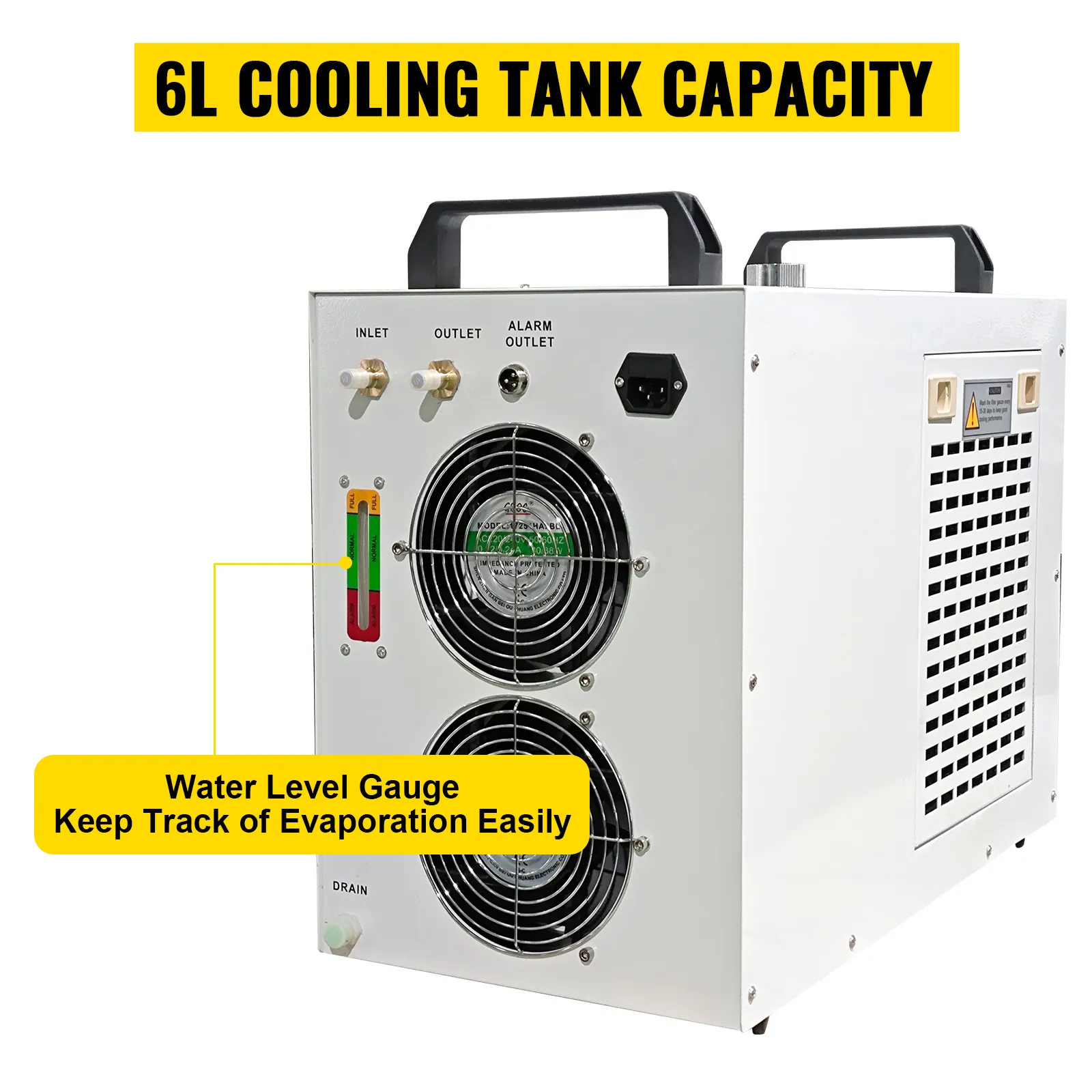 Enfriador de agua industrial VEVOR con tanque de enfriamiento de 6 l y medidor de nivel de agua.