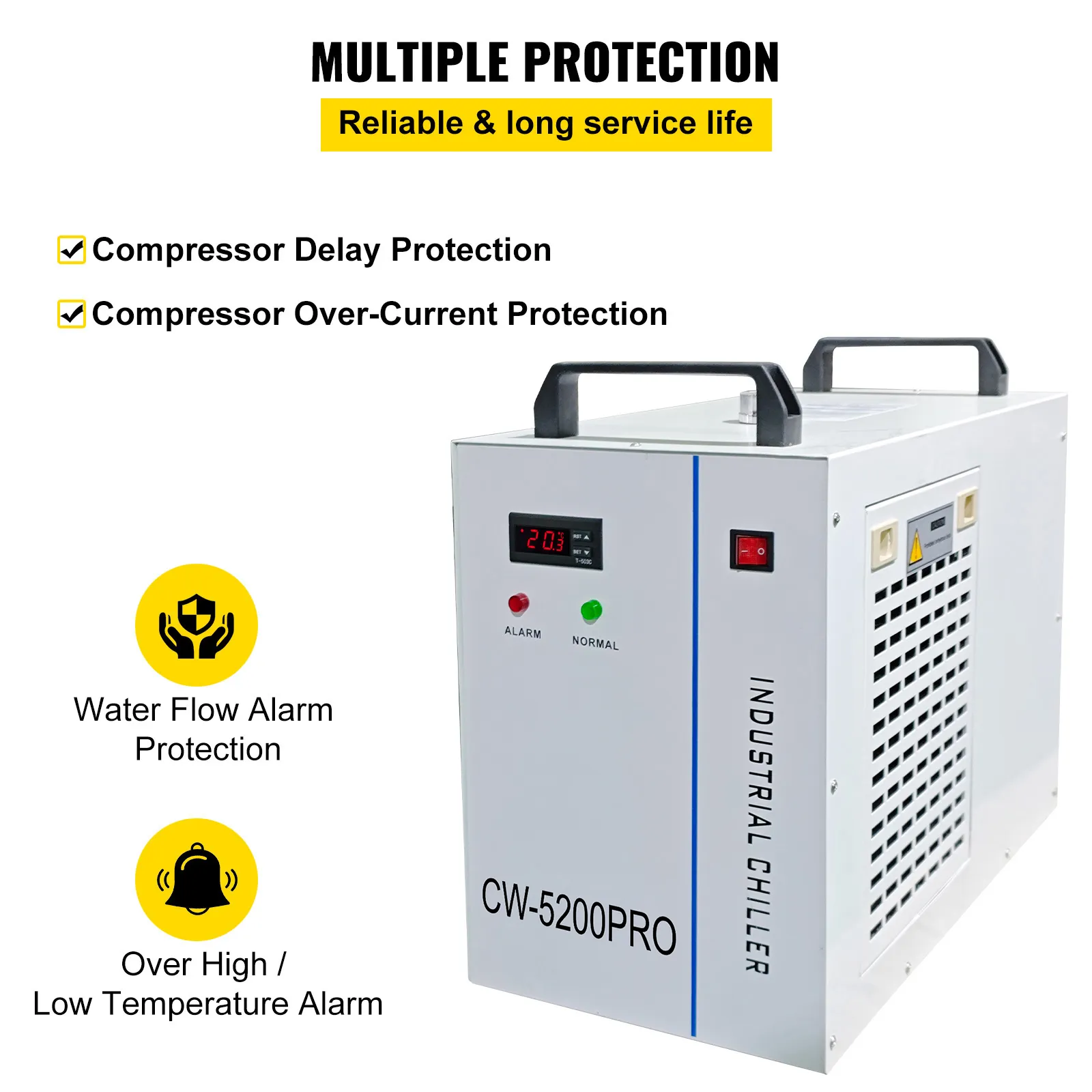 Enfriador de agua industrial VEVOR cw-5200pro con múltiples funciones de protección mostradas.