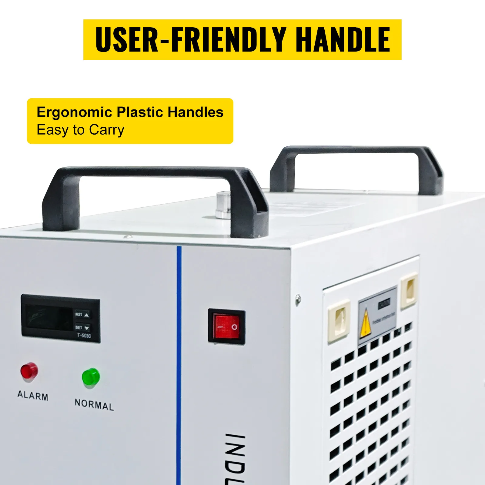 Enfriador de agua industrial VEVOR con asas de plástico ergonómicas para facilitar su transporte.