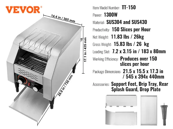VEVOR commercial conveyor toaster tt-150, 1300w, 150 slices per hour, sus304, 21.5x15.5x17.3 in dimensions.