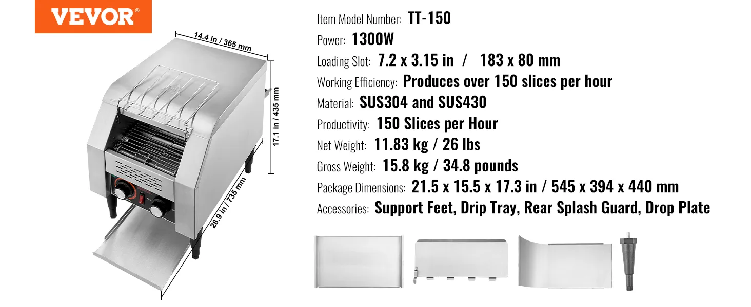 VEVOR commercial conveyor toaster tt-150, 1300w, 150 slices per hour, sus304, 21.5x15.5x17.3 in dimensions.