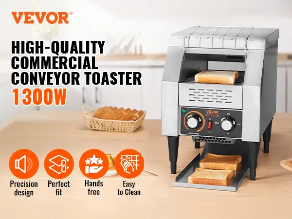VEVOR commercial conveyor toaster, 1300w, low noise, easy operation, safe and durable, easy to clean.