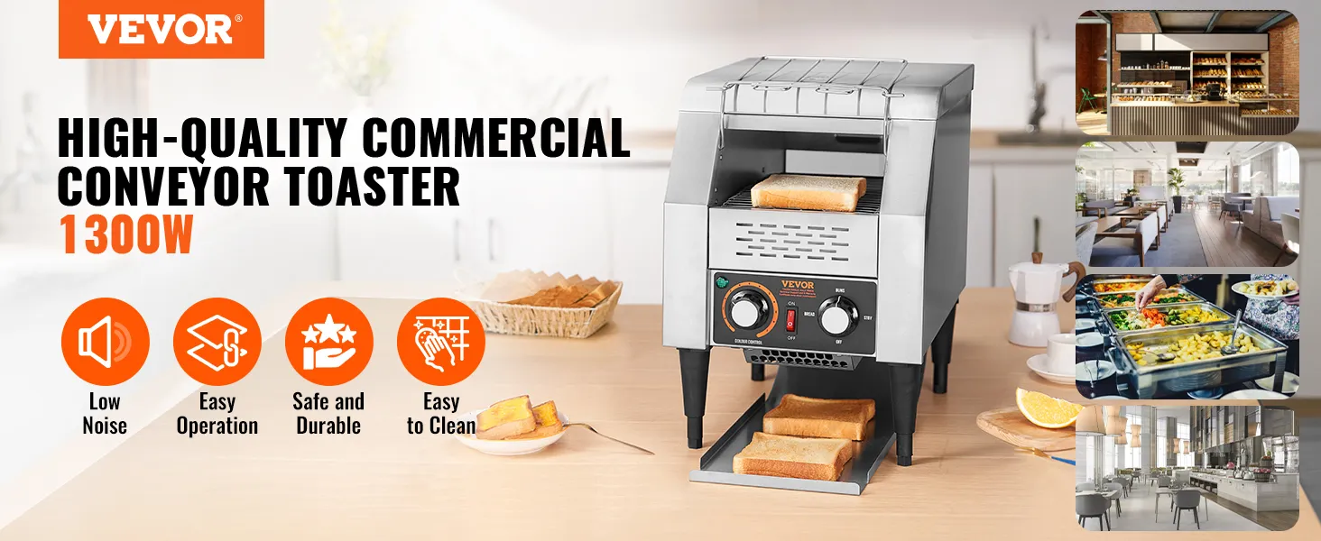 VEVOR commercial conveyor toaster, 1300w, low noise, easy operation, safe and durable, easy to clean.
