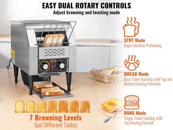 VEVOR commercial conveyor toaster with 7 browning levels and dual rotary controls in a kitchen setting.
