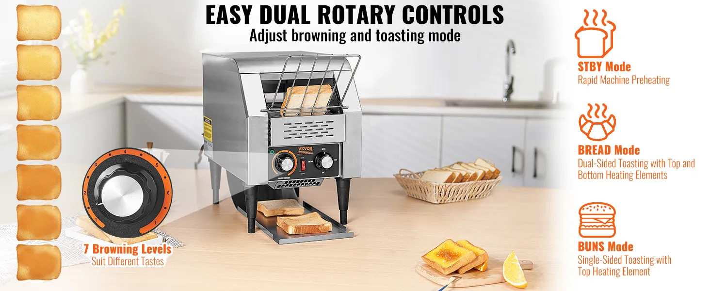 VEVOR commercial conveyor toaster with 7 browning levels and dual rotary controls in a kitchen setting.