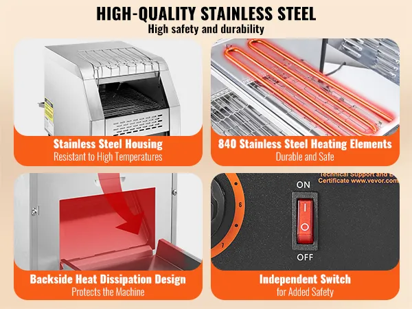 stainless steel VEVOR commercial conveyor toaster with heating elements, heat dissipation design, and switch.