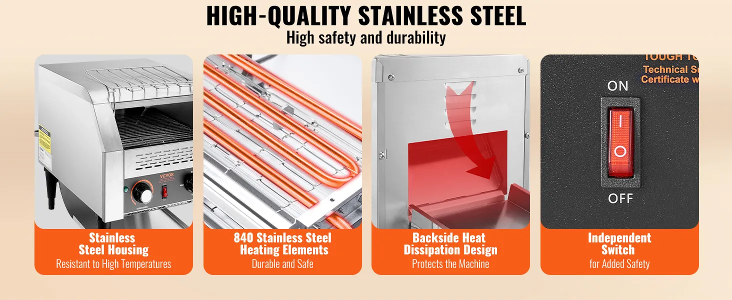 stainless steel VEVOR commercial conveyor toaster with heating elements, heat dissipation design, and switch.
