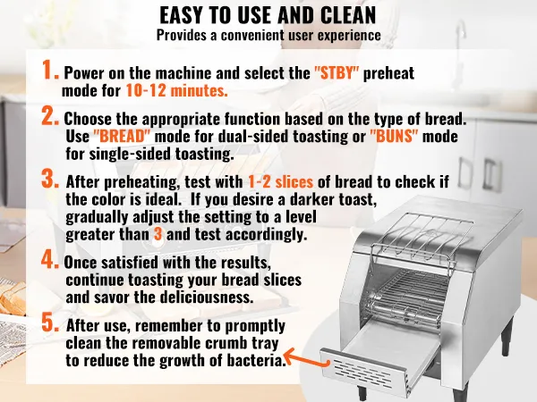 VEVOR commercial conveyor toaster instruction guide with product image on a kitchen counter.