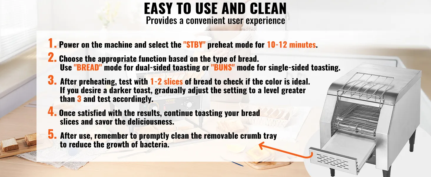VEVOR commercial conveyor toaster instruction guide with product image on a kitchen counter.