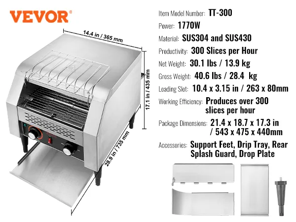 Toster taśmowy VEVOR TT-300, moc 1770 W, szczelina 10,4 x 3,15 cala, wydajność 300 kromek na godzinę.