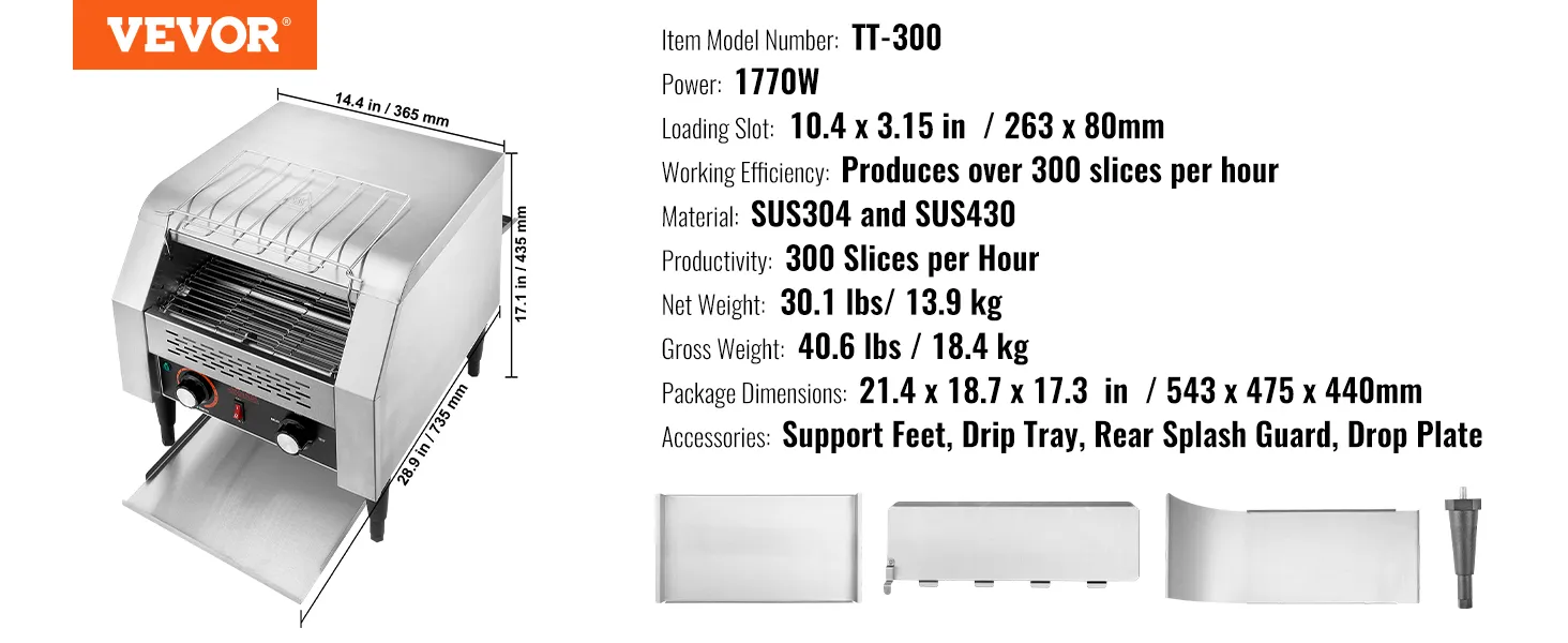 Toster taśmowy VEVOR TT-300, moc 1770 W, szczelina 10,4 x 3,15 cala, wydajność 300 kromek na godzinę.