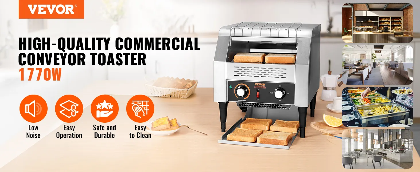 Toster taśmowy VEVOR o mocy 1770 W, cichy, łatwy w obsłudze, bezpieczny, trwały i łatwy do czyszczenia.