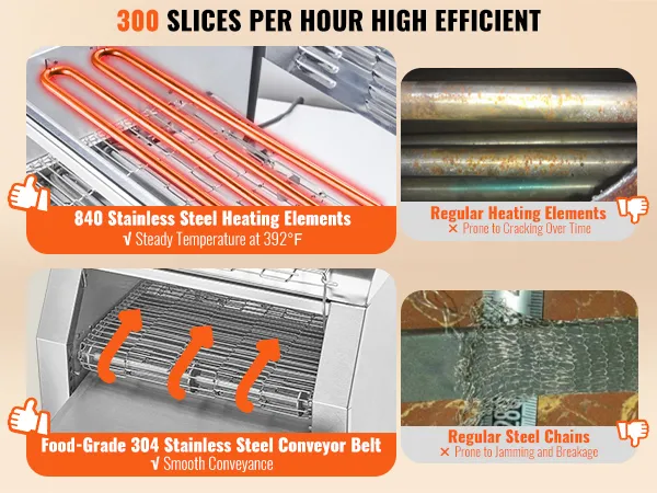 Toster taśmowy VEVOR, 300 kromek na godzinę, stal nierdzewna 840, pas 304 dopuszczony do kontaktu z żywnością.