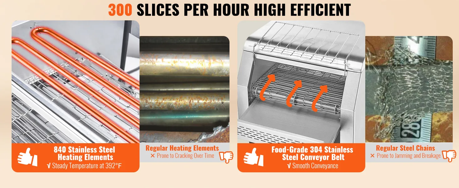 Toster taśmowy VEVOR, 300 kromek na godzinę, stal nierdzewna 840, pas 304 dopuszczony do kontaktu z żywnością.