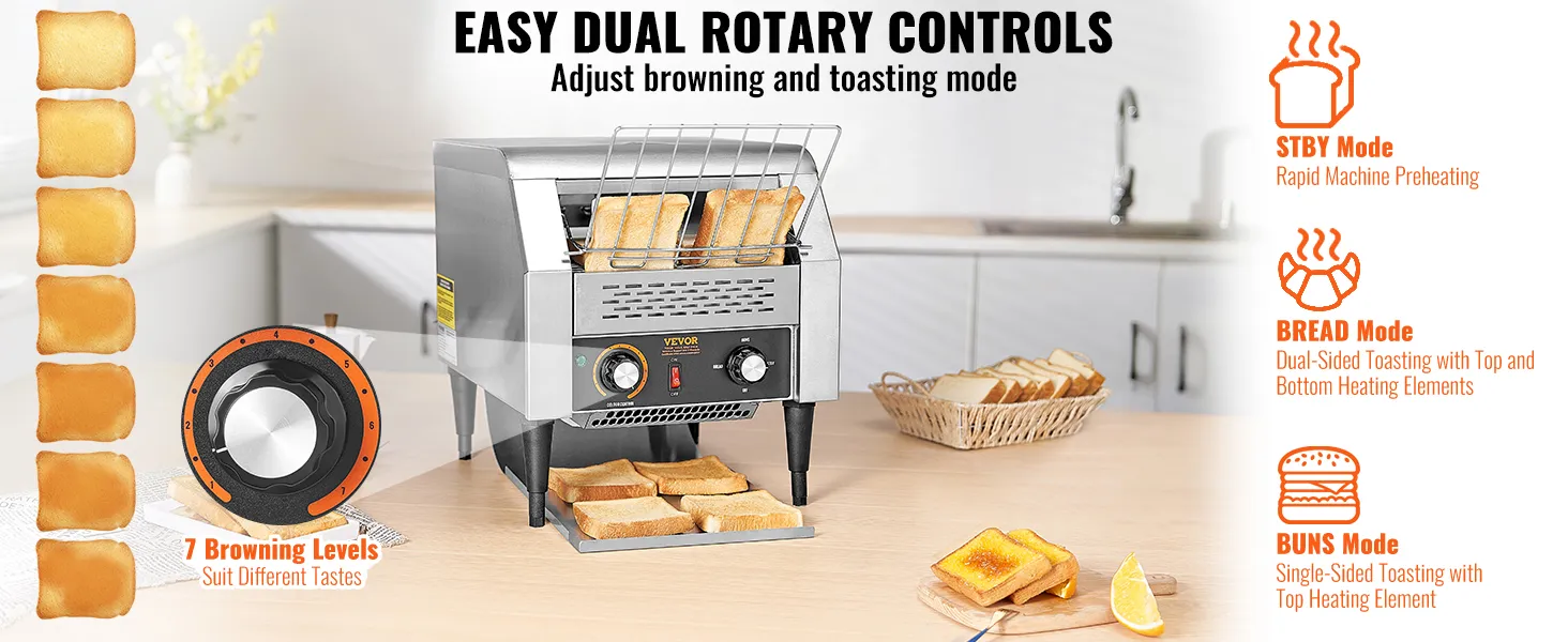 Toster taśmowy VEVOR z 7 poziomami opiekania, dwoma pokrętłami i wieloma trybami opiekania.