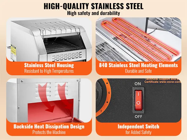 Toster przemysłowy VEVOR ze stali nierdzewnej z niezależnym wyłącznikiem i tylnym odprowadzaniem ciepła.
