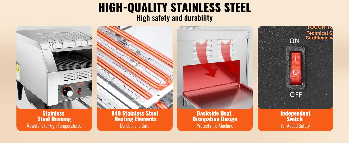 Toster przemysłowy VEVOR ze stali nierdzewnej z niezależnym wyłącznikiem i tylnym odprowadzaniem ciepła.