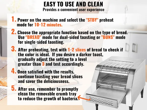 Instrukcja instalacji i czyszczenia komercyjnego tostera taśmowego VEVOR na białym tle w kuchni.