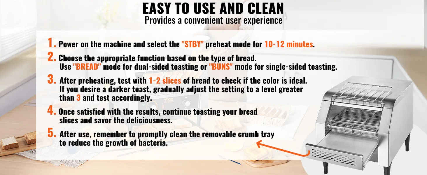 Instrukcja instalacji i czyszczenia komercyjnego tostera taśmowego VEVOR na białym tle w kuchni.