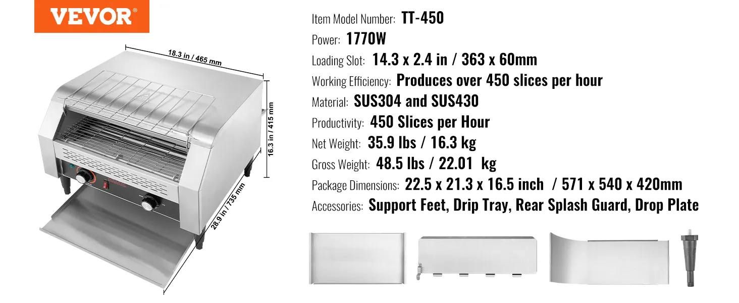 VEVOR commerciële transportbandtoaster tt-450, 1770 W, 450 sneetjes/uur, duurzaam SUS304 en SUS430 staal.