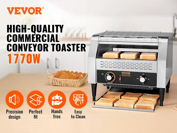 VEVOR commerciële transportbandtoaster gepresenteerd met geroosterd brood, waarbij kenmerken zoals een laag geluidsniveau worden benadrukt.