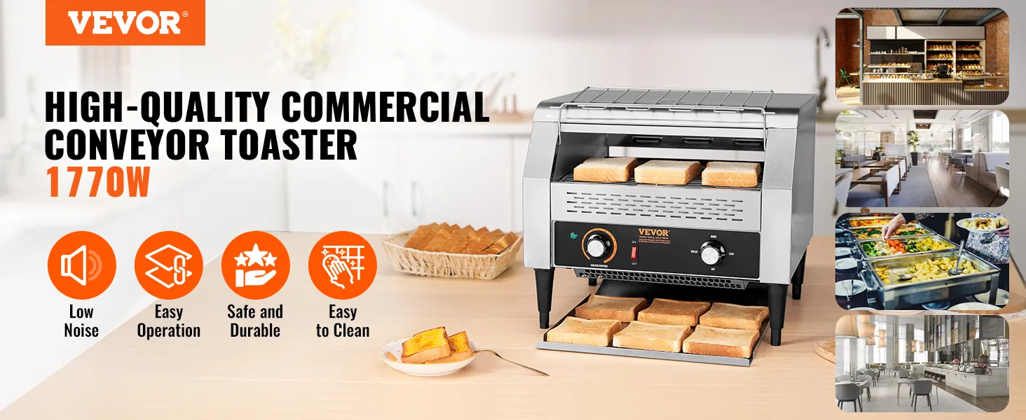 VEVOR commerciële transportbandtoaster gepresenteerd met geroosterd brood, waarbij kenmerken zoals een laag geluidsniveau worden benadrukt.