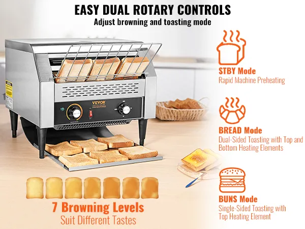 VEVOR commerciële transportbandtoaster met eenvoudige dubbele draaiknoppen, 7 bruiningsniveaus, stand-by, brood- en broodjesstanden.
