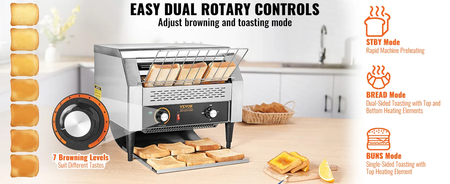 VEVOR commerciële transportbandtoaster met eenvoudige dubbele draaiknoppen, 7 bruiningsniveaus, stand-by, brood- en broodjesstanden.