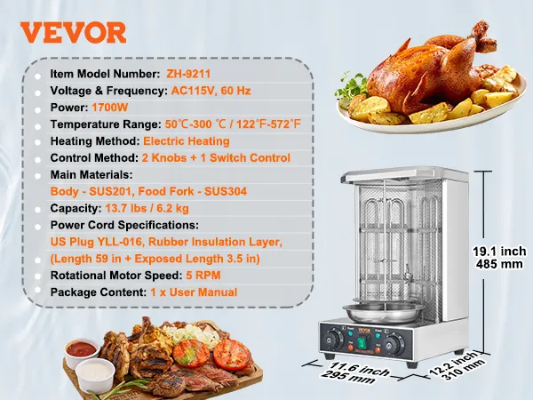 Máquina de parrilla para shawarma VEVOR zh-9211, CA 115 V, 1700 W, 50 °C-300 °C, calentamiento eléctrico, capacidad de 13,7 libras.