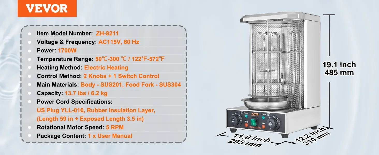 Máquina de parrilla para shawarma VEVOR zh-9211, CA 115 V, 1700 W, 50 °C-300 °C, calentamiento eléctrico, capacidad de 13,7 libras.