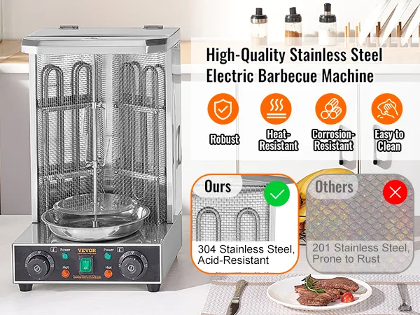 Máquina de parrilla para shawarma VEVOR en acero inoxidable, que muestra beneficios de robustez y resistencia al calor y a la corrosión.