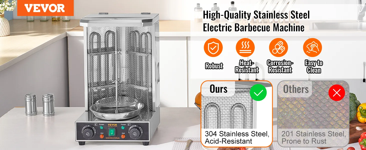 Máquina de parrilla para shawarma VEVOR en acero inoxidable, que muestra beneficios de robustez y resistencia al calor y a la corrosión.