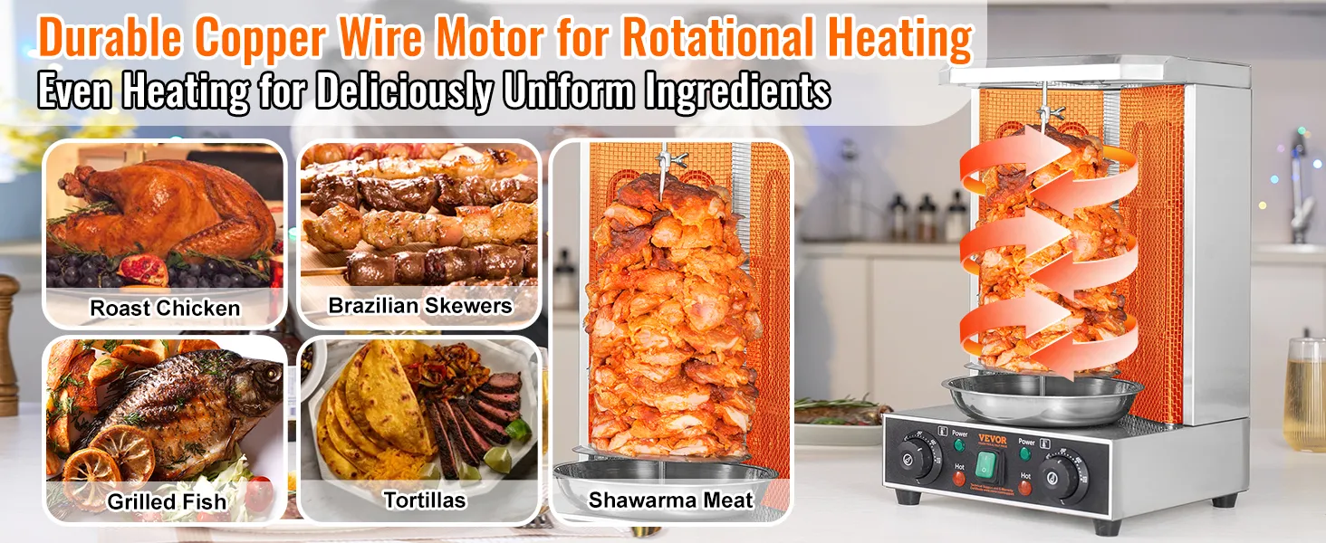 Máquina de parrilla para shawarma VEVOR con motor de alambre de cobre, que exhibe pollo asado, pescado, tortillas y brochetas.