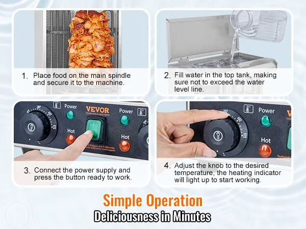 Guía de funcionamiento fácil de la máquina de parrilla para shawarma VEVOR: ensarte la carne, agregue agua, conecte la energía, configure la temperatura.