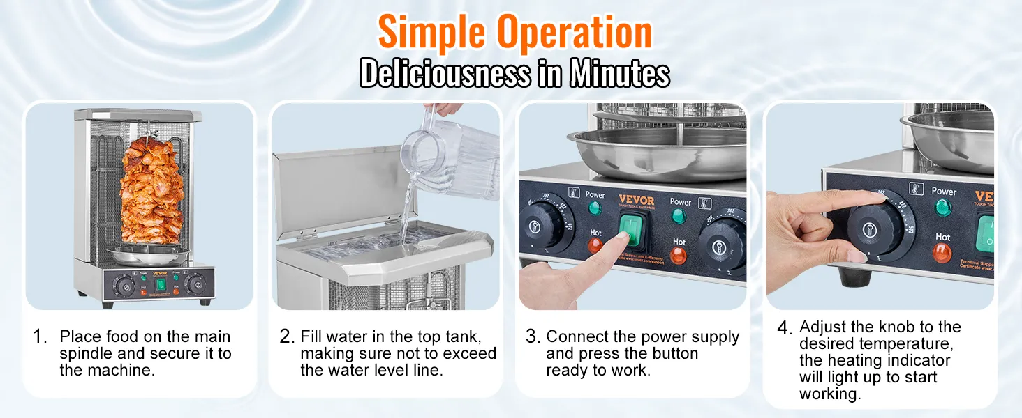 Guía de funcionamiento fácil de la máquina de parrilla para shawarma VEVOR: ensarte la carne, agregue agua, conecte la energía, configure la temperatura.
