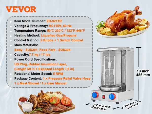 Máquina de parrilla para shawarma VEVOR, 19 x 11,6 x 13 pulgadas, capacidad de 7,7 kg, calentamiento de GLP/propano, dos perillas de control.