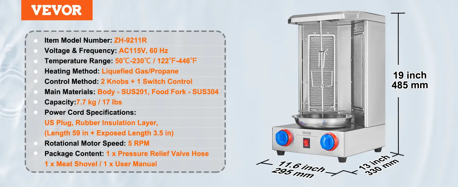 Máquina de parrilla para shawarma VEVOR, 19 x 11,6 x 13 pulgadas, capacidad de 7,7 kg, calentamiento de GLP/propano, dos perillas de control.