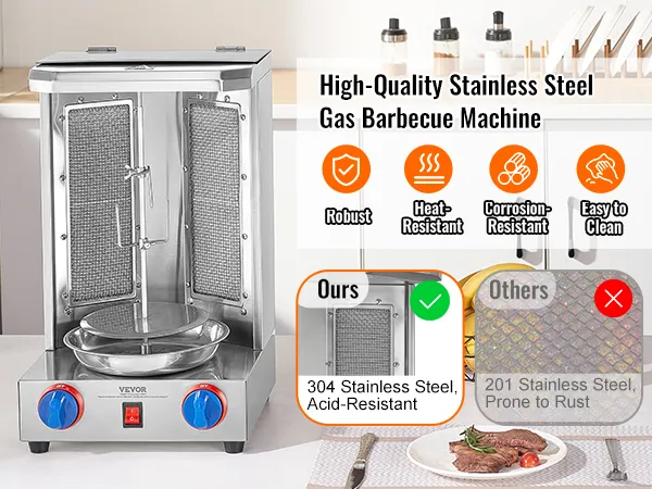Máquina de parrilla para shawarma VEVOR en acero inoxidable, robusta, resistente al calor, resistente a la corrosión, fácil de limpiar.
