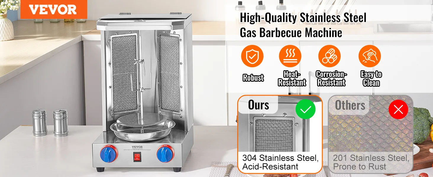 Máquina de parrilla para shawarma VEVOR en acero inoxidable, robusta, resistente al calor, resistente a la corrosión, fácil de limpiar.