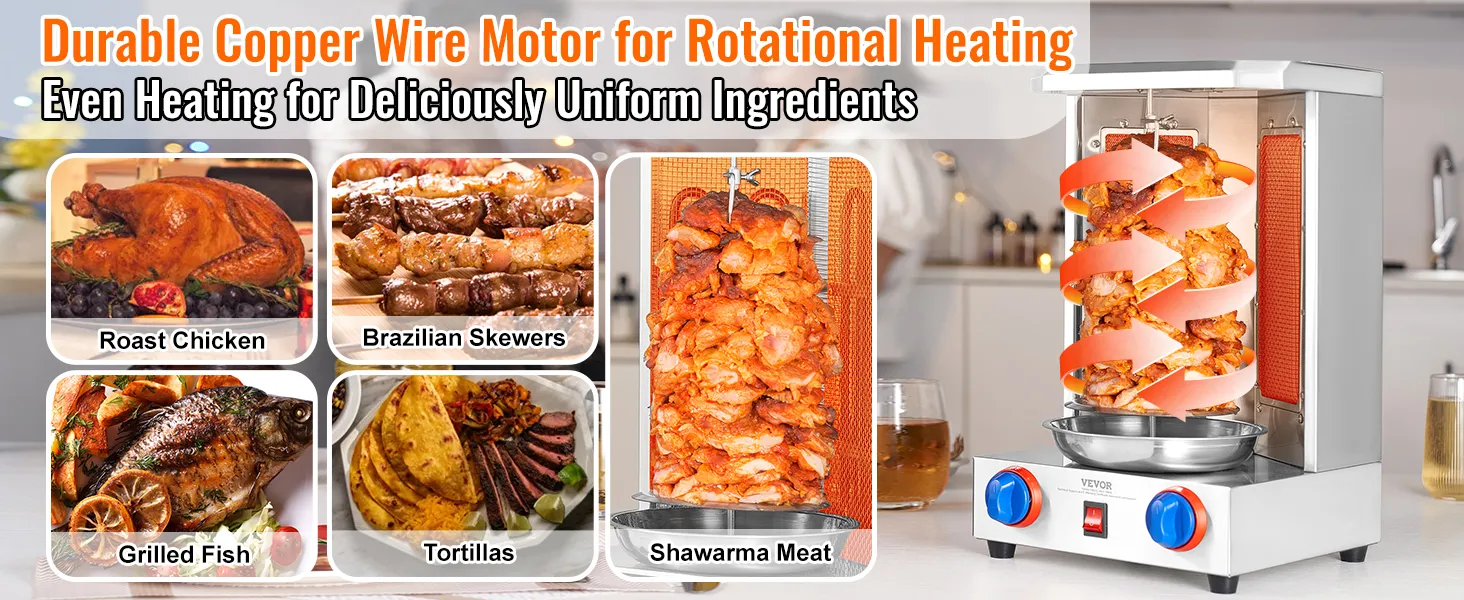 Máquina de parrilla para shawarma VEVOR con diversas carnes a la parrilla, incluidos pollo, pescado y brochetas brasileñas.