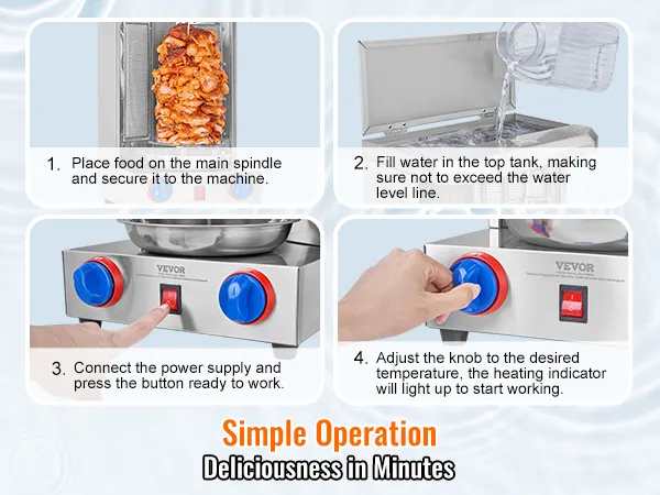 Máquina de parrilla para shawarma VEVOR con instrucciones paso a paso para su instalación y funcionamiento.