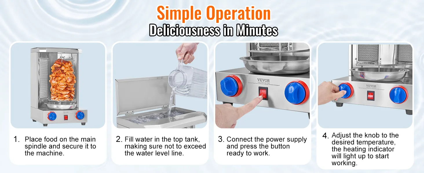 Máquina de parrilla para shawarma VEVOR con instrucciones paso a paso para su instalación y funcionamiento.
